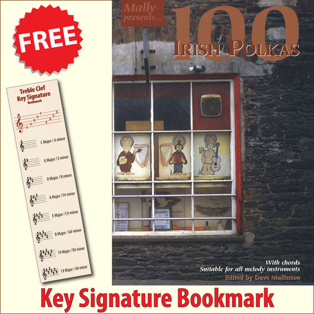 front cover of 100 Irish Polkas Music Book together with free Treble Clef bookmark