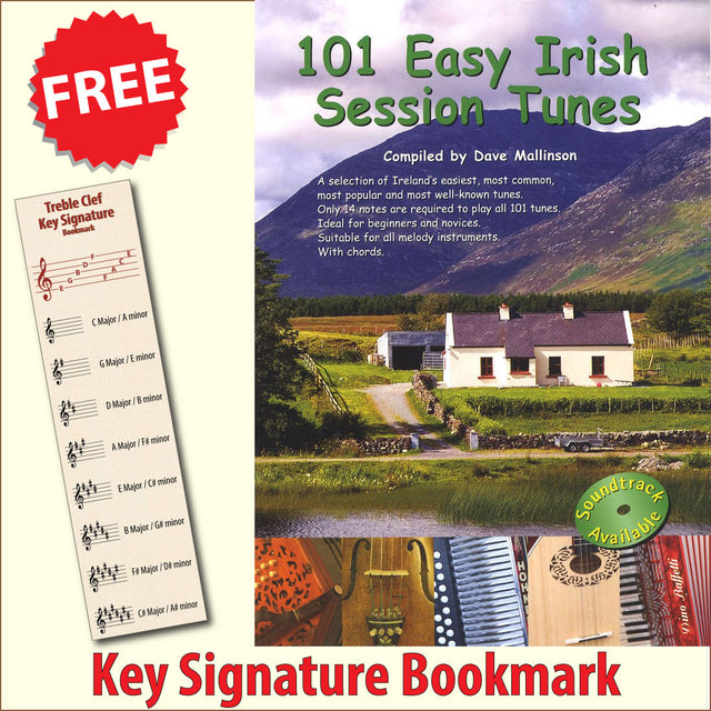front cover of 101 Easy Irish Session Tunes Music Book together with free Treble Clef bookmark