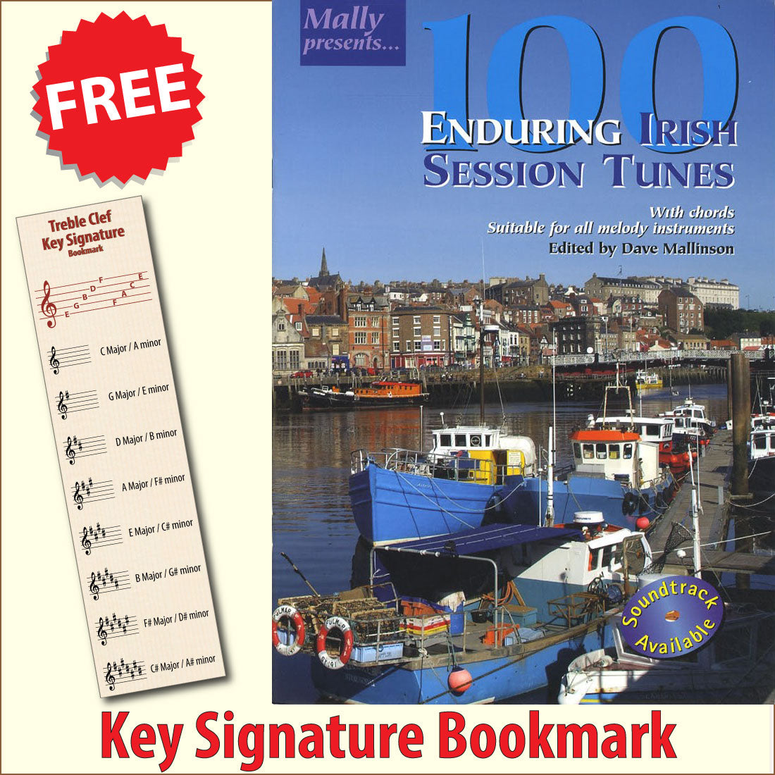 front cover of 100 Enduring Irish Session Tunes Music Book together with free Treble Clef bookmark
