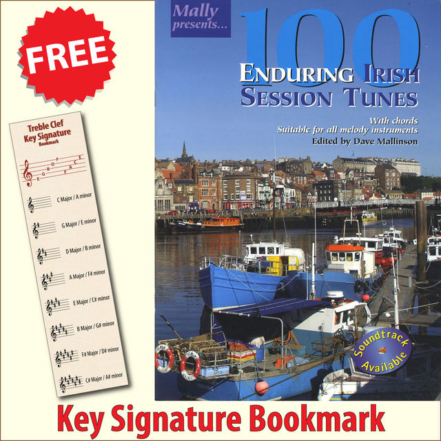 front cover of 100 Enduring Irish Session Tunes Music Book together with free Treble Clef bookmark