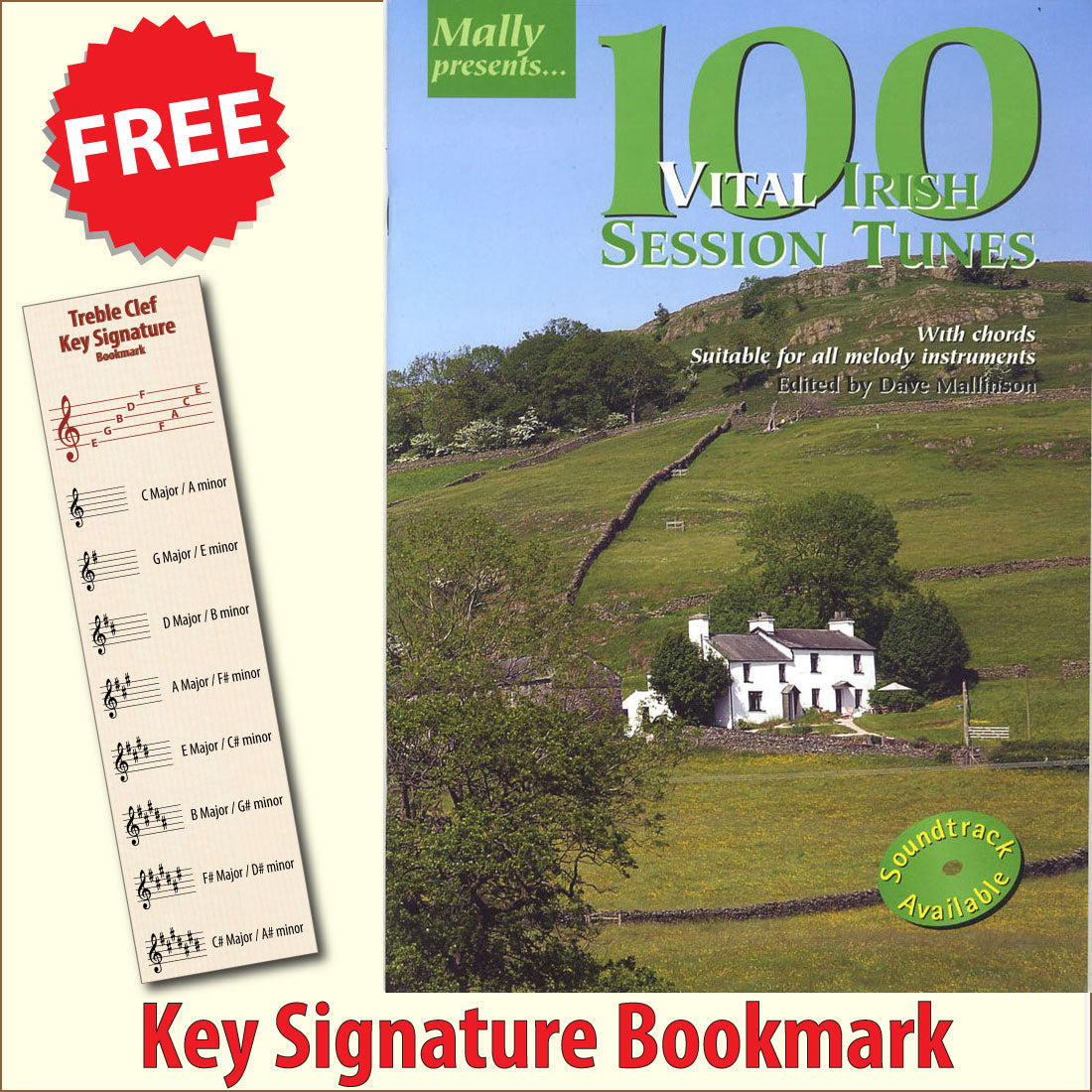 front cover of 100 Vital Irish Session Tunes Music Book together with free Treble Clef bookmark