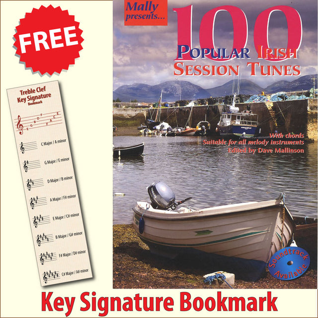 front cover of 100 Popular Irish Session Tunes Music Book together with free Treble Clef bookmark