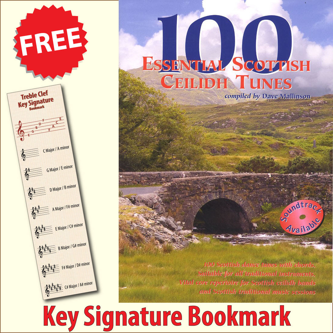 front cover of 100 Essential Scottish Ceilidh Tunes Music Book together with free Treble Clef bookmark