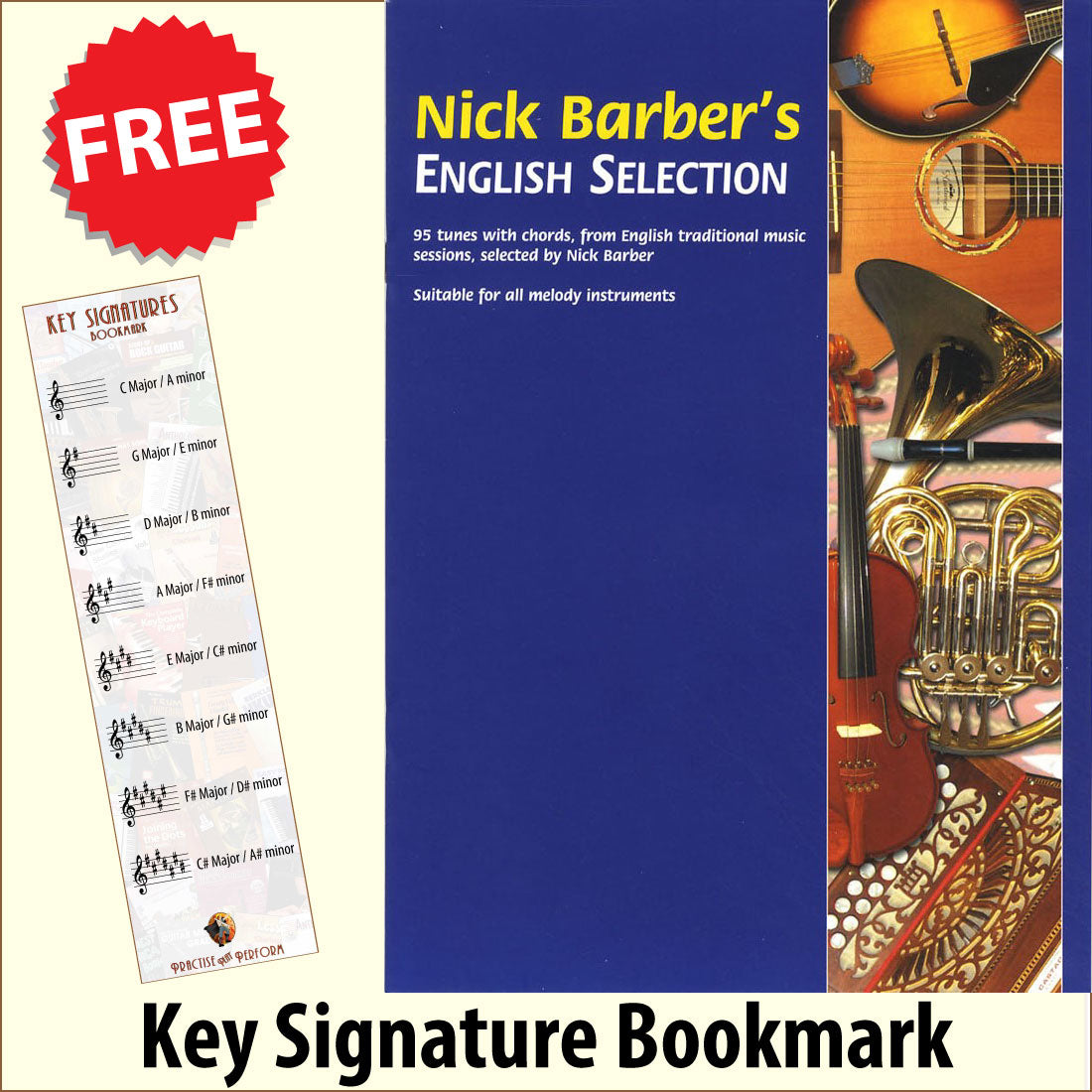 front cover of Nick Barbers English Selection together with free Treble Clef bookmark