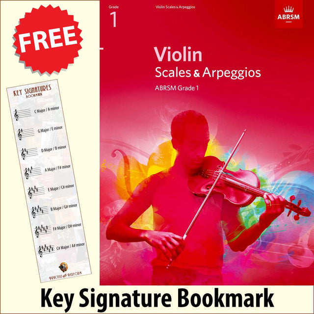 front cover of ABRSM Violin Scales & Arpeggios Grade 1 together with free Treble Clef bookmark