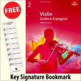 front cover of ABRSM Violin Scales & Arpeggios Grade 2 together with free Treble Clef bookmark