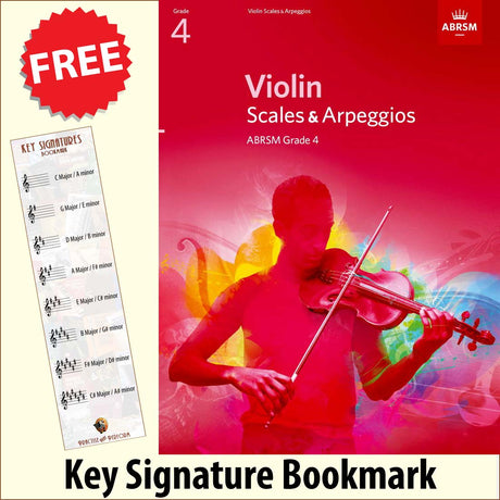 front cover of ABRSM Violin Scales & Arpeggios Grade 4 together with free Treble Clef bookmark