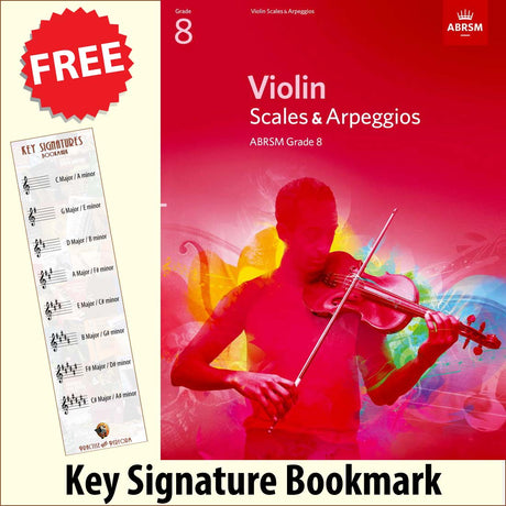 front cover of ABRSM Violin Scales & Arpeggios Grade 8 together with free Treble Clef bookmark