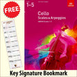 front cover of ABRSM Cello Scales & Arpeggios Grades 1-5 together with free Bass Glef bookmark