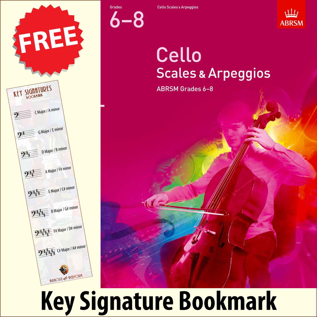 front cover of ABRSM Cello Scales & Arpeggios Grades 6-8 together with free Bass Glef bookmark