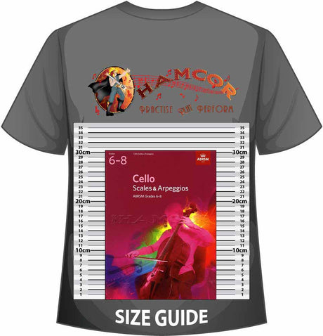 front cover of ABRSM Cello Scales & Arpeggios Grades 6-8 on a size guide