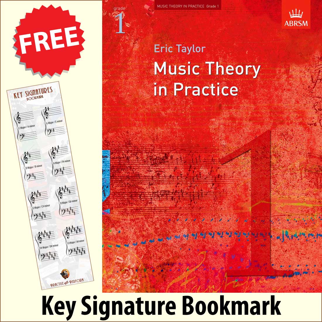 front cover of ABRSM Music Theory in Practice Grade 1 together with free Grand Staff bookmark