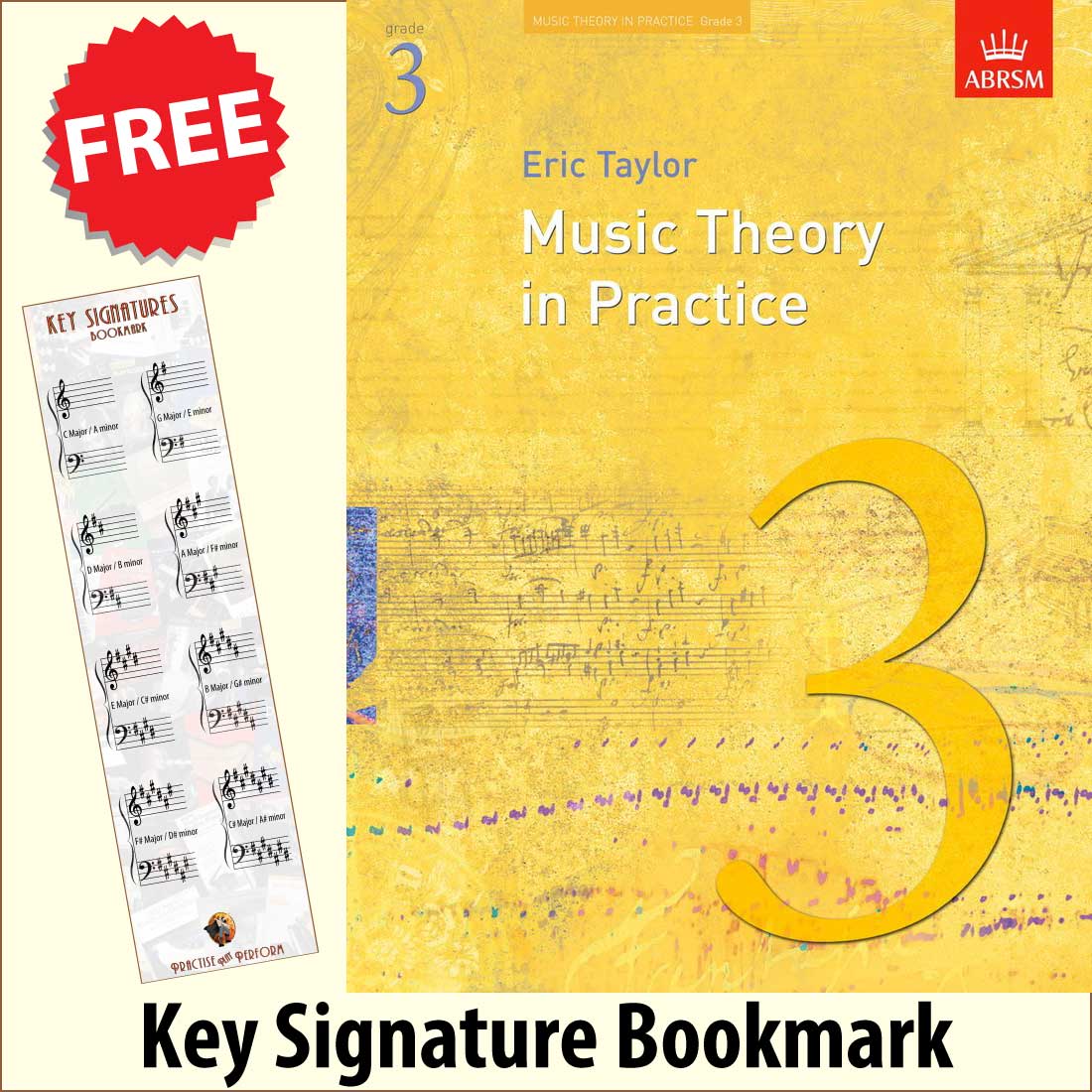 front cover of ABRSM Music Theory in Practice Grade 3 together with free Grand Staff bookmark