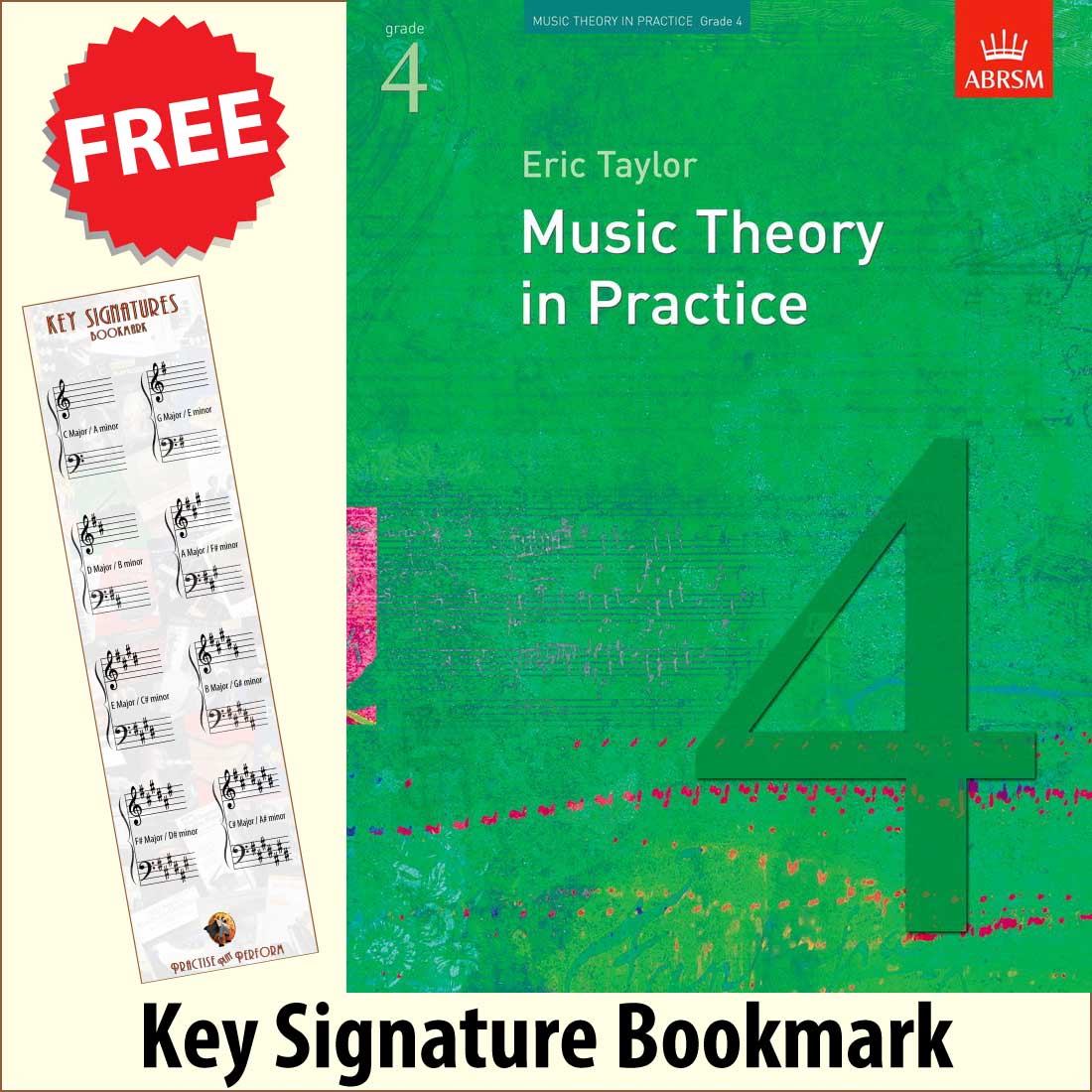 front cover of ABRSM Music Theory in Practice Grade 4 together with free Grand Staff bookmark