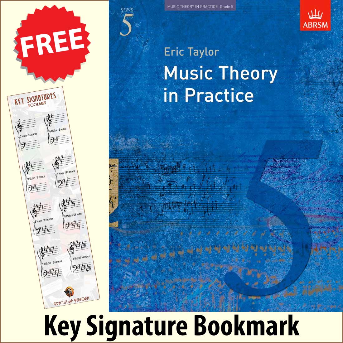 front cover of ABRSM Music Theory in Practice Grade 5 together with free Grand Staff bookmark