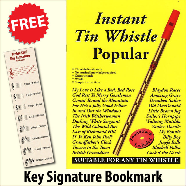 front cover of Instant Tin Whistle Popular Book/CD together with free Treble Clef bookmark