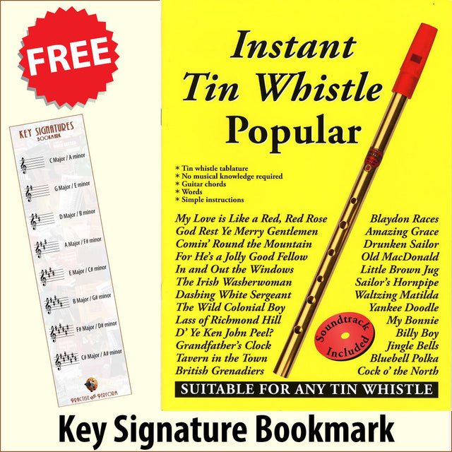 front cover of Instant Tin Whistle Popular Book/CD together with free Treble Clef bookmark