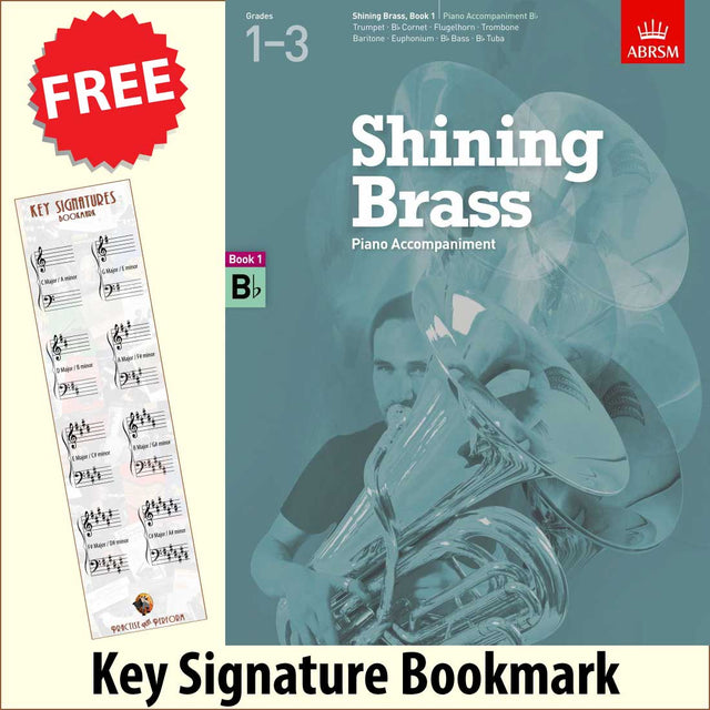 front cover of ABRSM Shining Brass Book 1 Bb Piano Accompaniment together with free Piano Clef bookmark