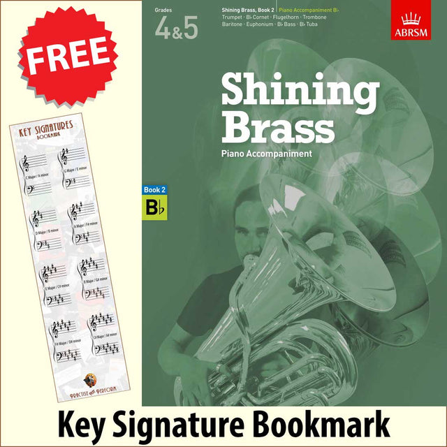 front cover of ABRSM Shining Brass Book 2 Bb Piano Accompaniment together with free Piano Clef bookmark