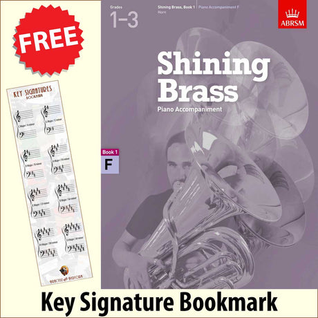 front cover of ABRSM Shining Brass Book 1 F Piano Accompaniment together with free Piano Clef bookmark