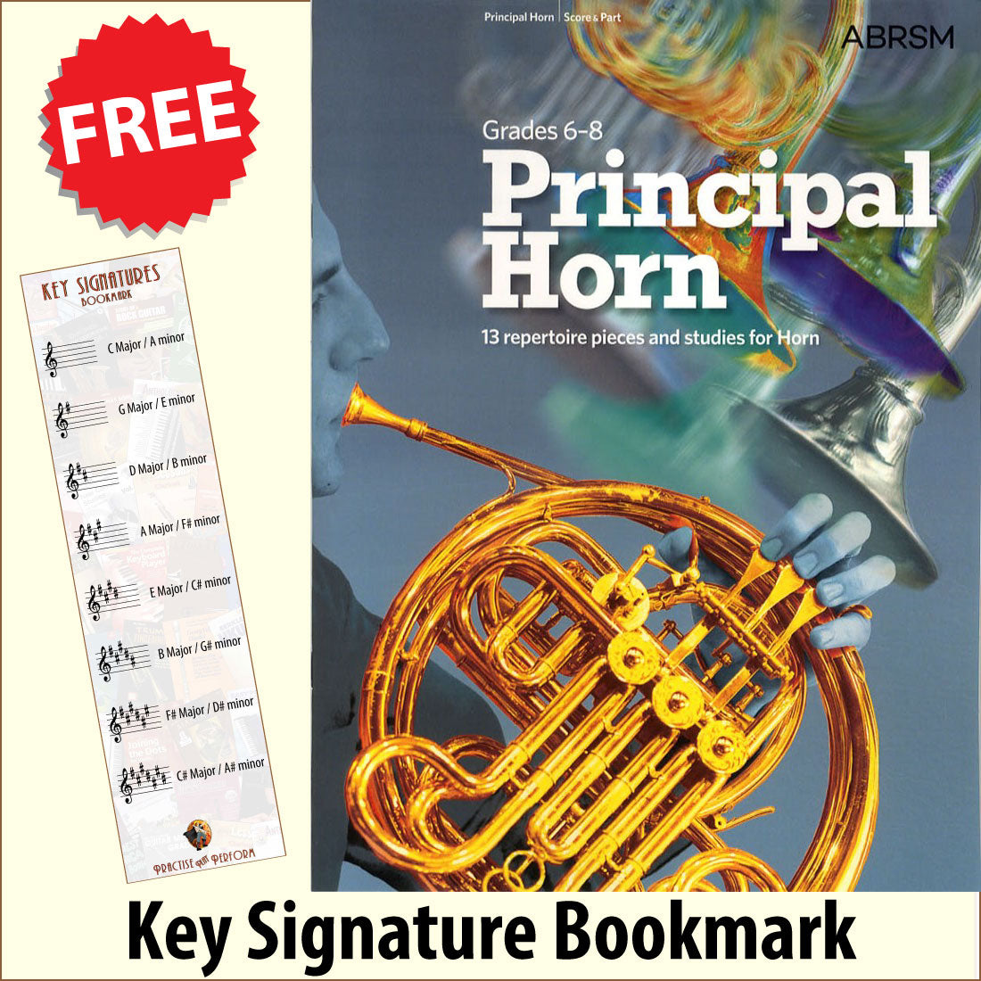 front cover of ABRSM Principal Horn Grades 6-8 together with free Treble Clef bookmark