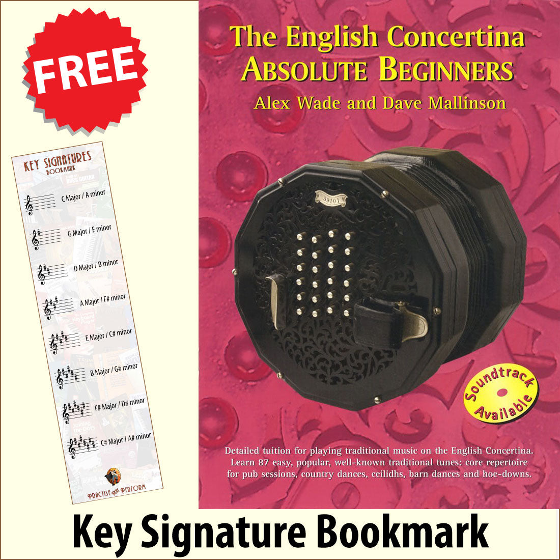 front cover of The English Concertina Absolute Beginners together with free Treble Clef bookmark