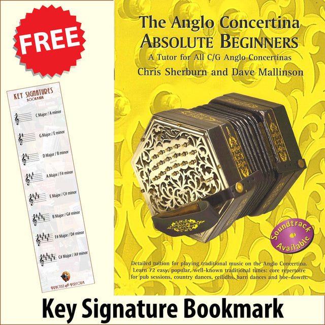 front cover of The Anglo Concertina Absolute Beginners together with free Treble Clef bookmark