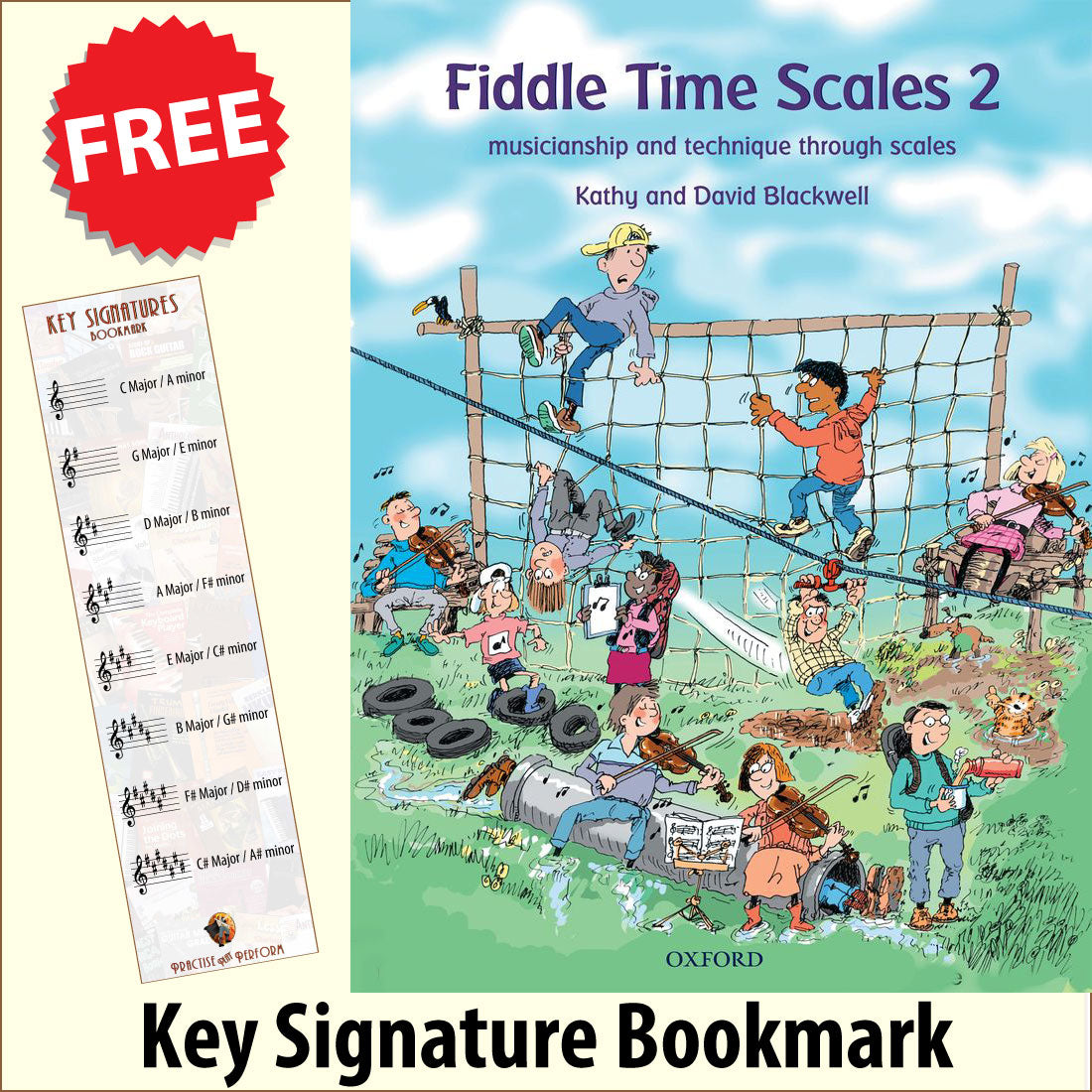 front cover of Fiddle Time Scales Book 2 together with free Treble Clef bookmark