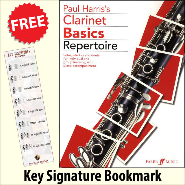 front cover of Clarinet Basics Repertoire together with free Treble Clef bookmark