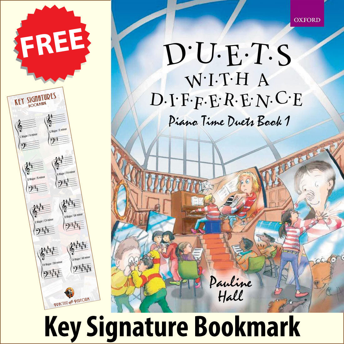 front cover of Piano Time Duets Book 1 together with free Piano Clef bookmark