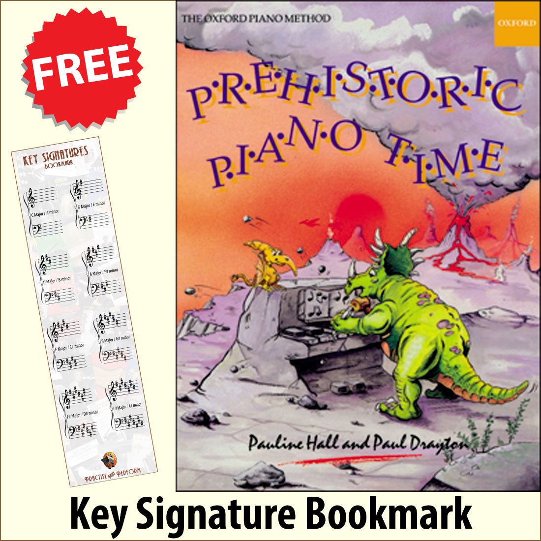 front cover of Prehistoric Piano Time together with free Piano Clef bookmark