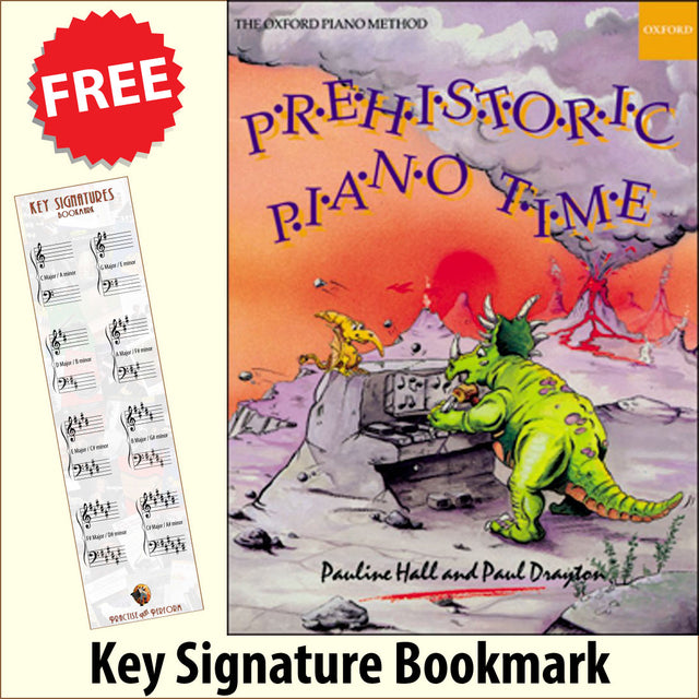 front cover of Prehistoric Piano Time together with free Piano Clef bookmark