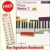 front cover of Pam Wedgwood's Piano Basics 1 Book/Audio together with free Grand Staff bookmark