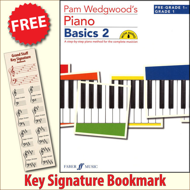 front cover of Pam Wedgwood's Piano Basics 2 Book/Audio together with free Grand Staff bookmark