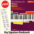 front cover of Pam Wedgewood's Piano Basics Workouts Beginner-Grade 1 together with free Piano Clef bookmark