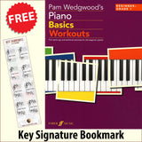 front cover of Pam Wedgewood's Piano Basics Workouts Beginner-Grade 1 together with free Piano Clef bookmark
