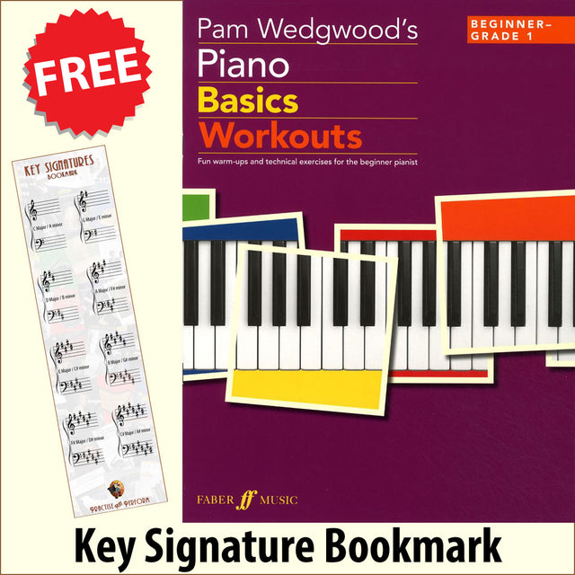 front cover of Pam Wedgewood's Piano Basics Workouts Beginner-Grade 1 together with free Piano Clef bookmark