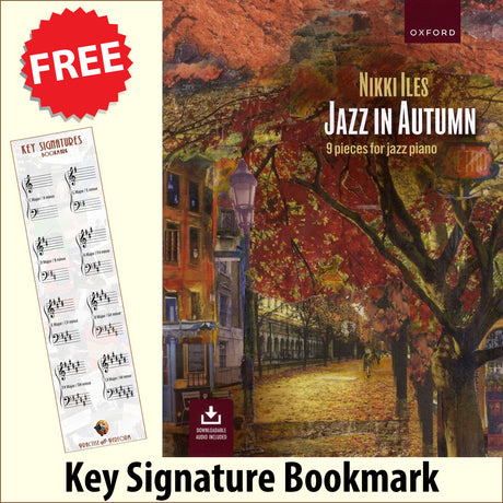 front cover of Jazz in Autumn Piano together with free Piano Clef bookmark