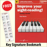 front cover of Improve Your Sight-Reading Piano Initial together with free Piano Clef bookmark