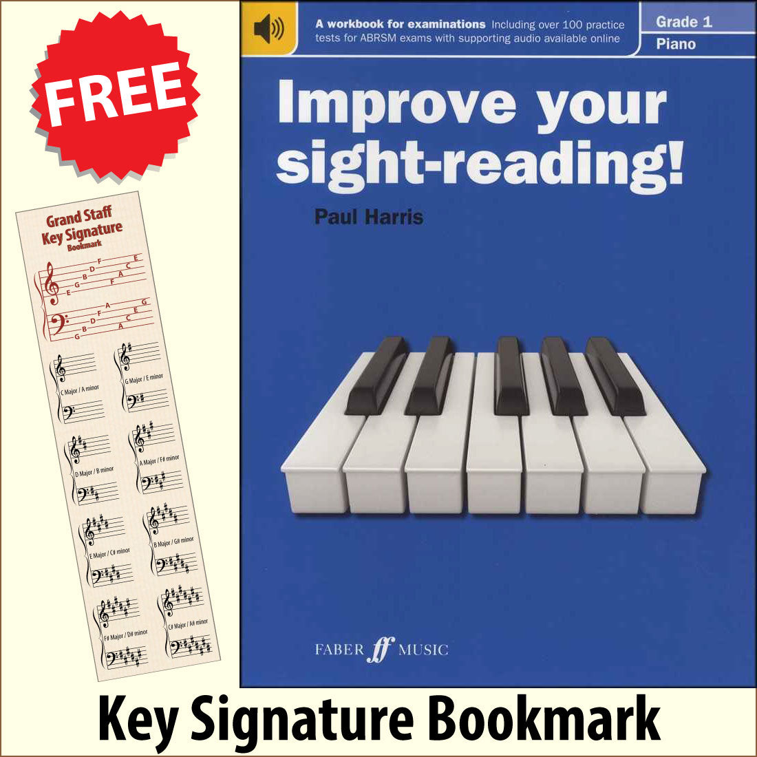 front cover of Improve Your Sight-Reading Piano Grade 1 together with free Piano Clef bookmark