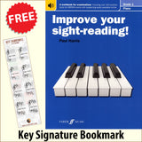 front cover of Improve Your Sight-Reading Piano Grade 1 together with free Piano Clef bookmark