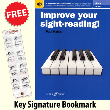 front cover of Improve Your Sight-Reading Piano Grade 1 together with free Piano Clef bookmark