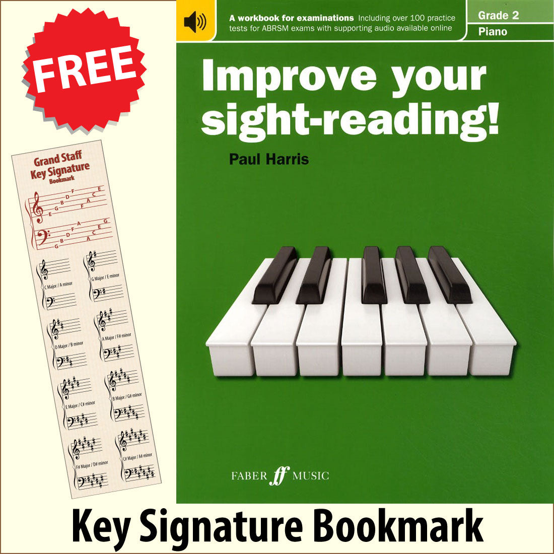 front cover of Improve Your Sight-Reading Piano Grade 2 together with free Piano Clef bookmark