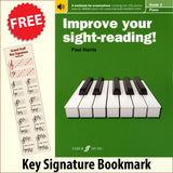 front cover of Improve Your Sight-Reading Piano Grade 2 together with free Piano Clef bookmark