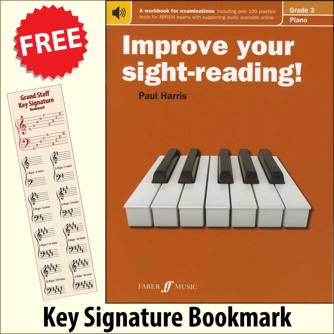 front cover of Improve Your Sight-Reading Piano Grade 3 together with free Piano Clef bookmark