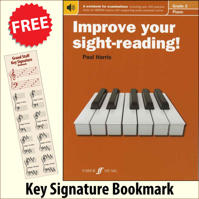 front cover of Improve Your Sight-Reading Piano Grade 3 together with free Piano Clef bookmark