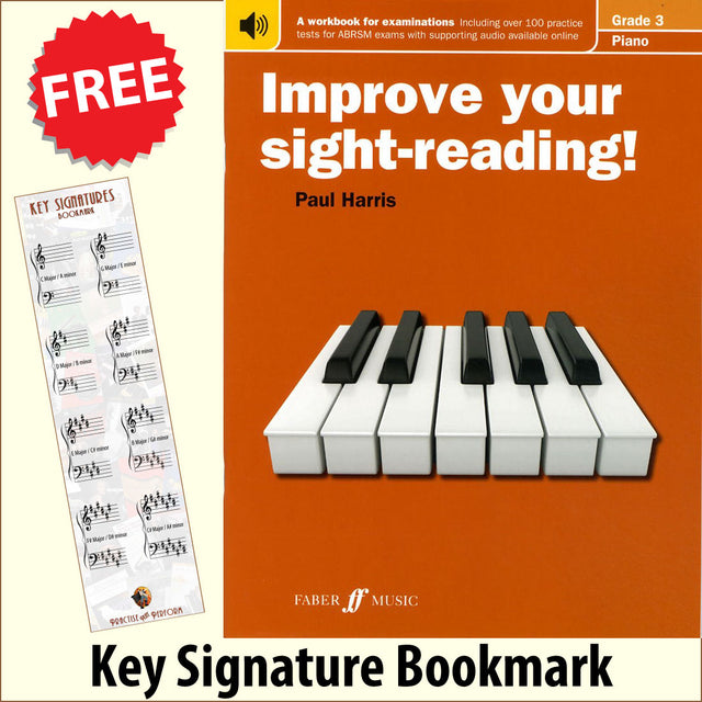 front cover of Improve Your Sight-Reading Piano Grade 3 together with free Piano Clef bookmark