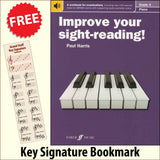 front cover of Improve Your Sight-Reading Piano Grade 4 together with free Piano Clef bookmark
