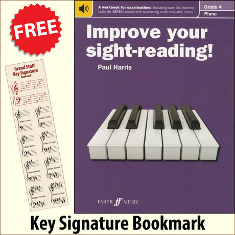 front cover of Improve Your Sight-Reading Piano Grade 4 together with free Piano Clef bookmark