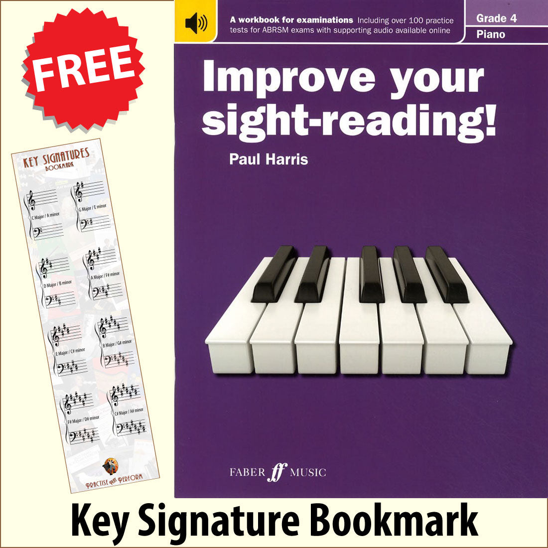 front cover of Improve Your Sight-Reading Piano Grade 4 together with free Piano Clef bookmark